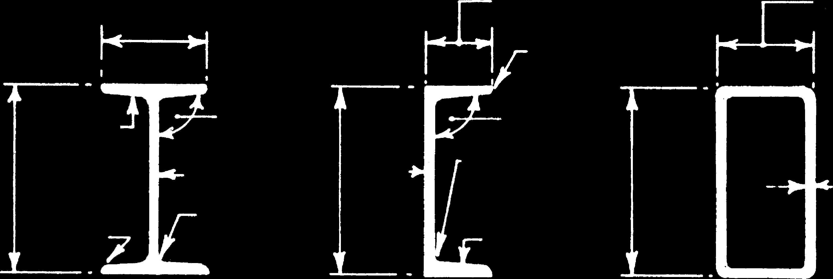 Technical drawings of three different steel beam cross-sections (I-bea