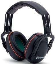 A pair of black and red over-ear hearing protection earmuffs used in c
