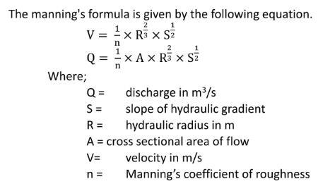 Presents Manning's formula for calculating velocity (V) and discharge 