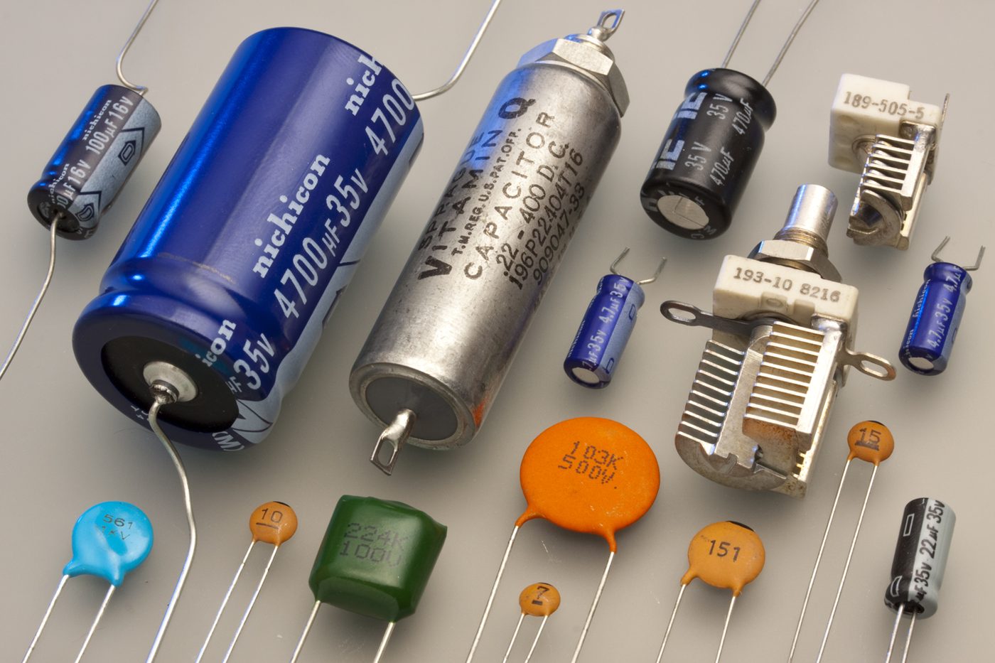 Various types of capacitors for electronics