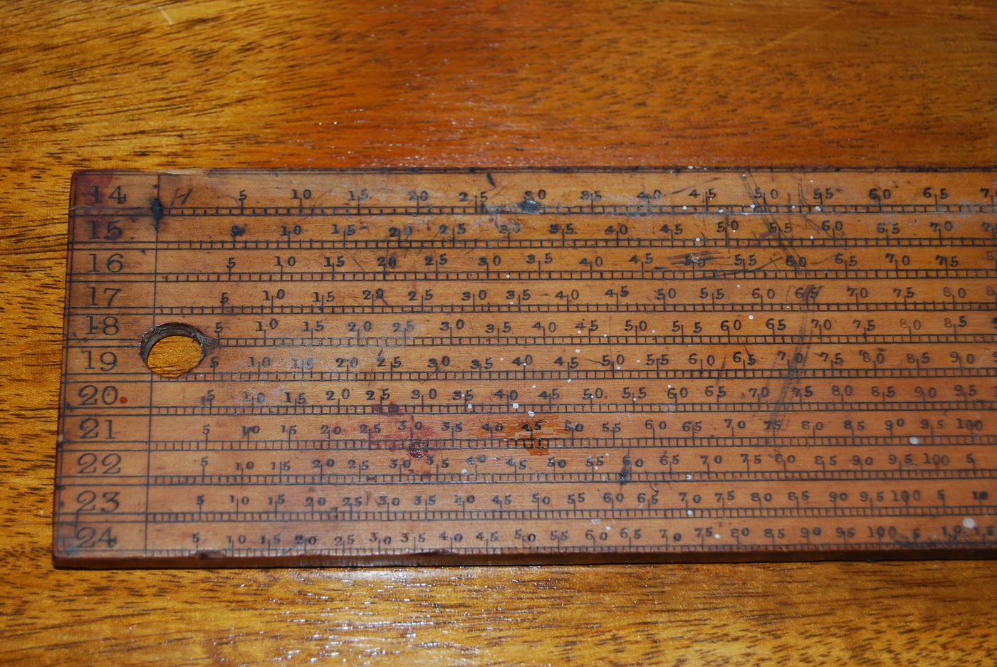 Wooden architect's scale ruler with measurement markings