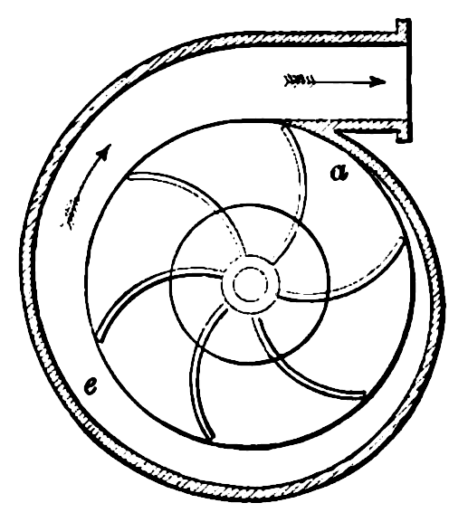 Cross-section of a volute casing with impeller